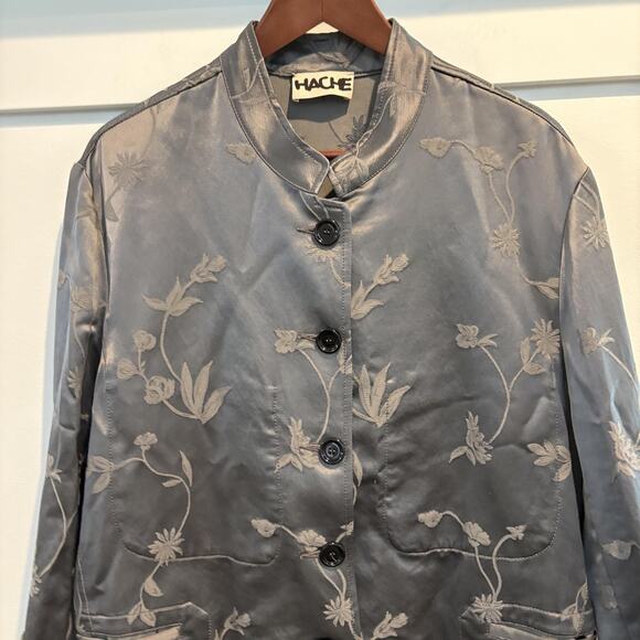 Hache Jacket Women 46 US 10 Gray Floral Jacquard Mandarin Collar Made in Italy - Picture 3 of 15